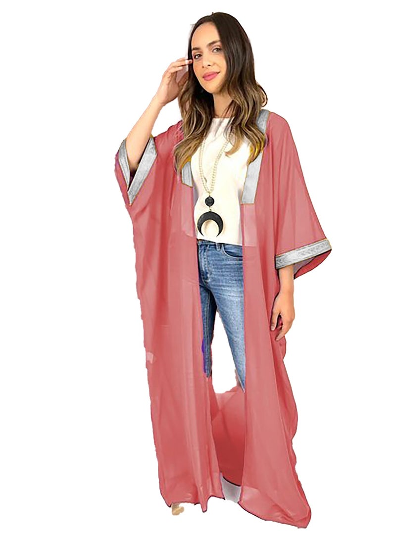 SunSet Kaftan Abaya Silver Embroidered Chiffon Sunset orange - Image 2